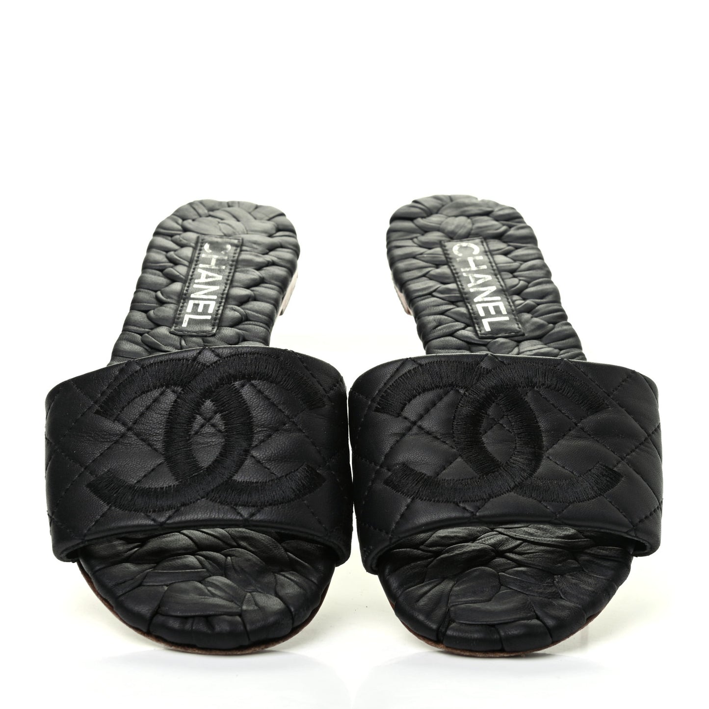 Lambskin Quilted Embroidered CC Mules Sandals 36 Black