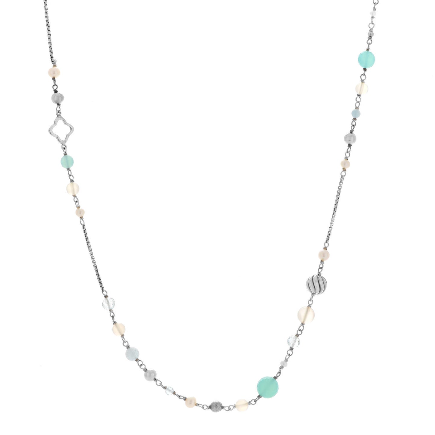 Sterling Silver Pearl Aquamarine Chalcedony 14mm Quatrefoil Necklace
