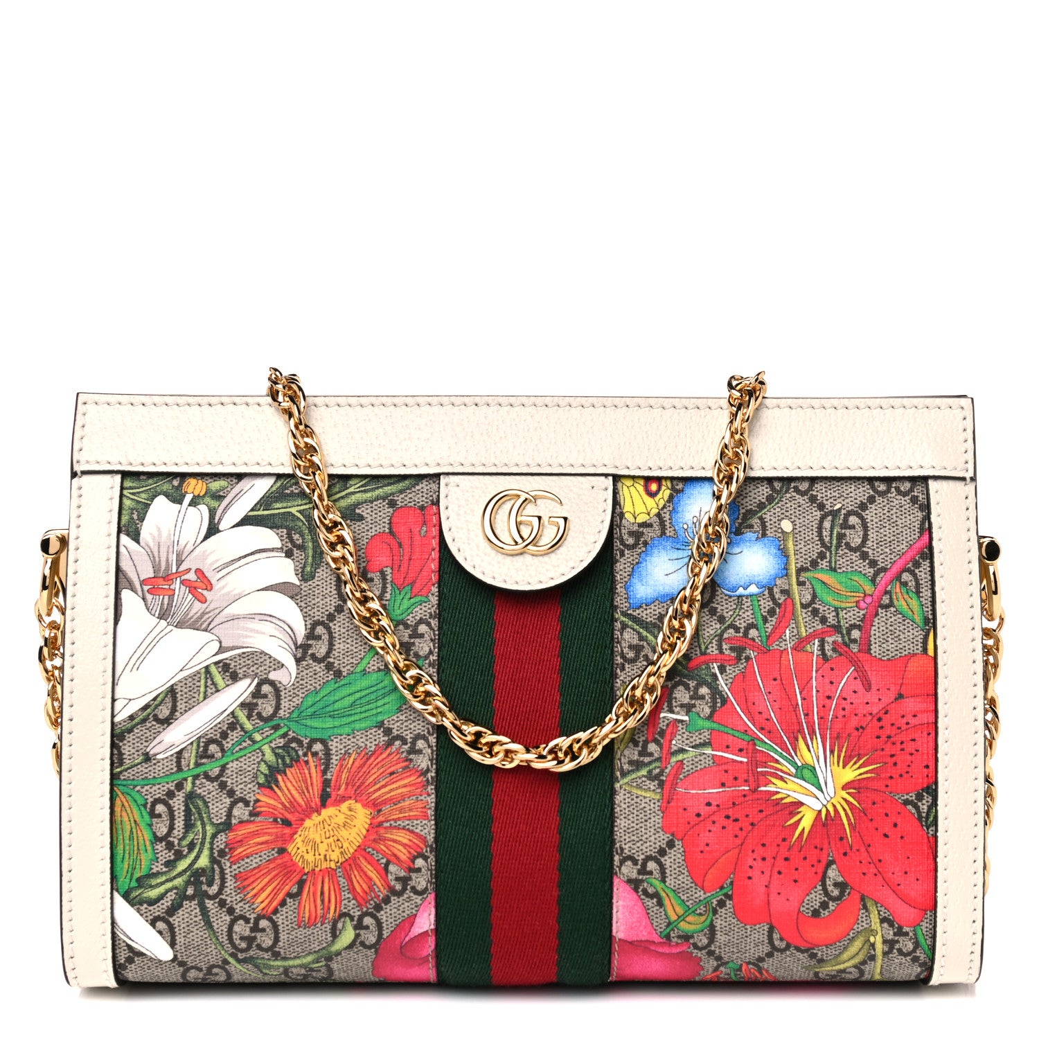 Gucci GG Supreme Monogram Flora Web Small Ophidia Chain Shoulder Bag White 1 of 11