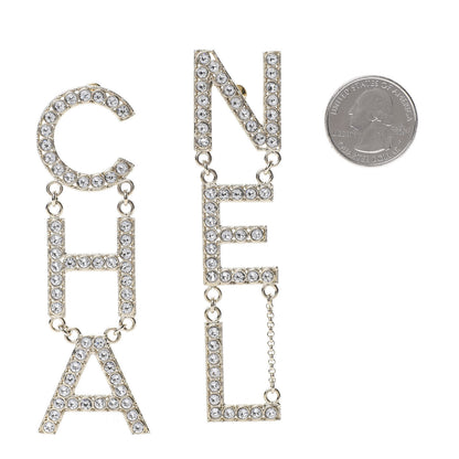 Chanel Crystal Cha-Nel Logo Drop Earrings Gold 2 of 6