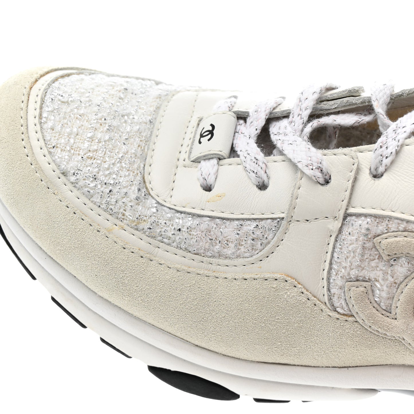 Painted Iridescent Cotton Tweed Suede Womens CC Sneakers 39 White Silver Multicolor