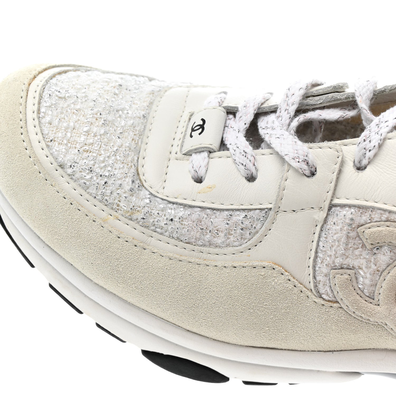 Chanel Painted Iridescent Cotton Tweed Suede Womens CC Sneakers 39 White Silver Multicolor 15 of 16
