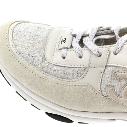 Chanel Painted Iridescent Cotton Tweed Suede Womens CC Sneakers 39 White Silver Multicolor 15 of 16