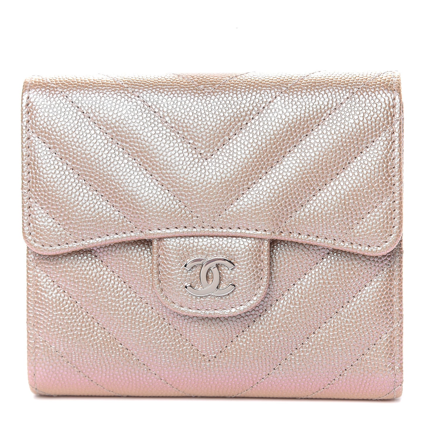 Metallic Caviar Chevron Quilted Compact Flap Wallet Light Gold