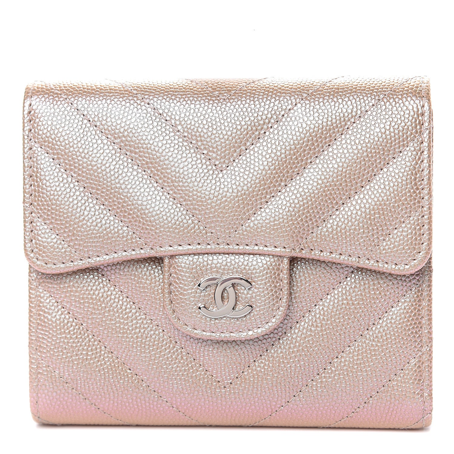 Chanel Metallic Caviar Chevron Quilted Compact Flap Wallet Light Gold 1 of 9
