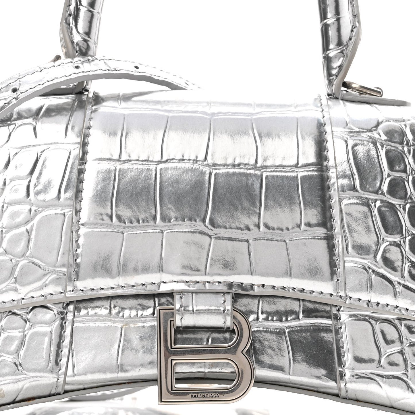 Metallic Calfskin Crocodile Embossed Hourglass Top Handle Bag XS Silver
