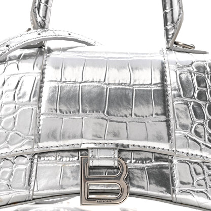 Balenciaga Metallic Calfskin Crocodile Embossed Hourglass Top Handle Bag XS Silver 7 of 9