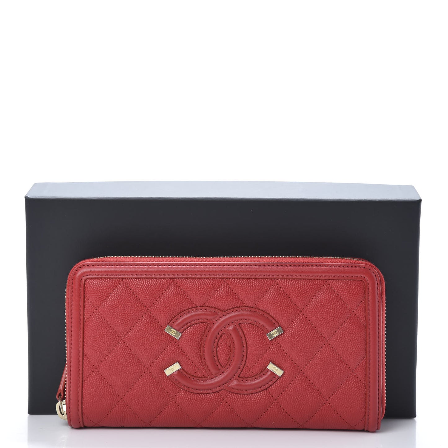 Caviar Quilted Filigree Zip Around Wallet Red