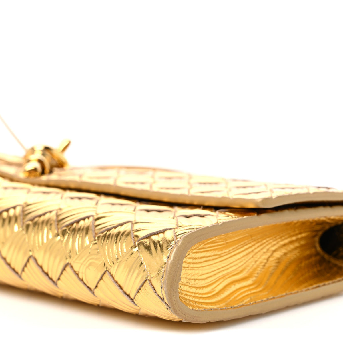 Bottega Veneta Metallic Satin Lambskin Intrecciato Long Andiamo Top Handle Clutch Gold 10 of 10