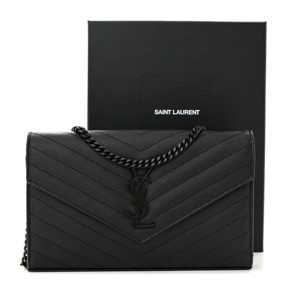Saint Laurent Grain De Poudre Matelasse Chevron Monogram Monochrome Chain Wallet Black 12 of 12