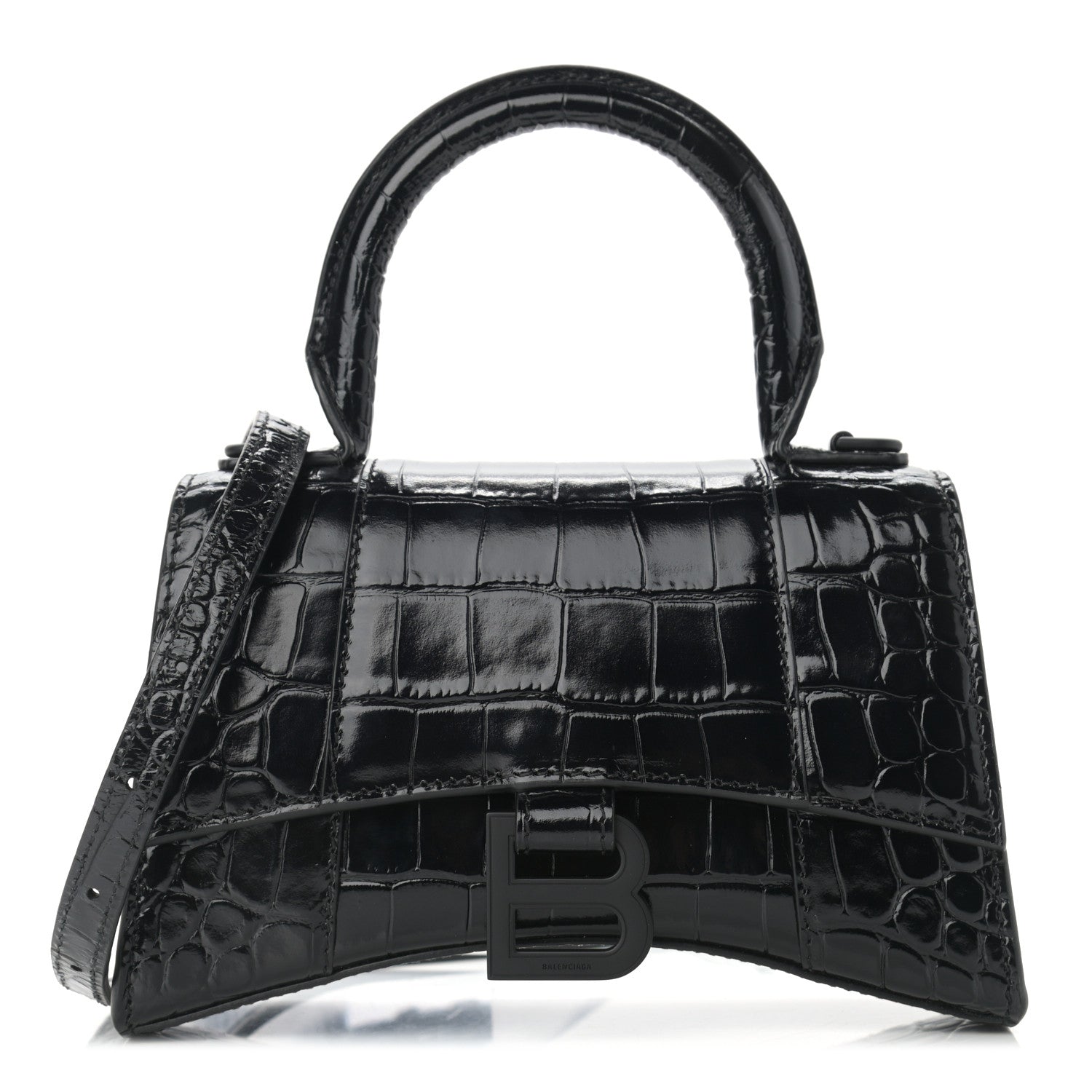 Balenciaga Shiny Calfskin Monochrome Crocodile Embossed Hourglass Top Handle Bag XS Black 1 of 11