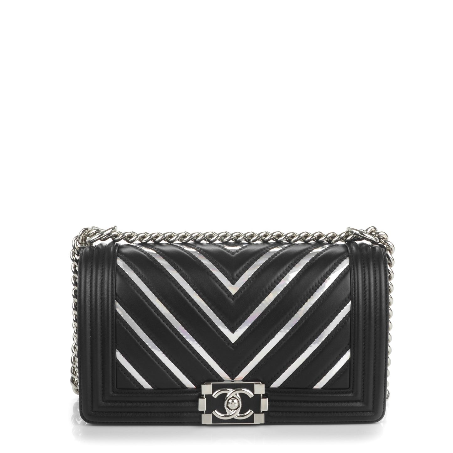 Lambskin Iridescent PVC Chevron Quilted Medium Boy Flap Black Silver