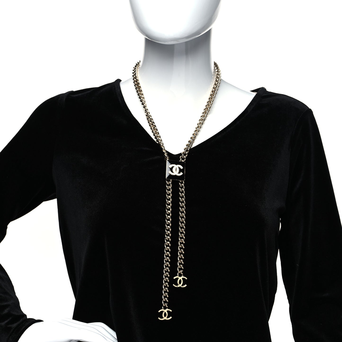 Enamel CC Lariat Necklace Black Gold Black