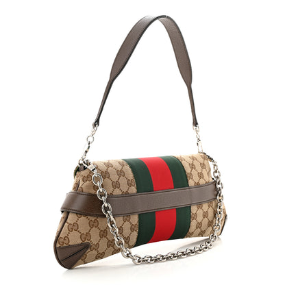 Gucci Monogram Textured Dollar Calfskin Heavy Grosgrain Web Medium Maxi Horsebit Chain Shoulder Bag Beige Ebony New Acero 3 of 11