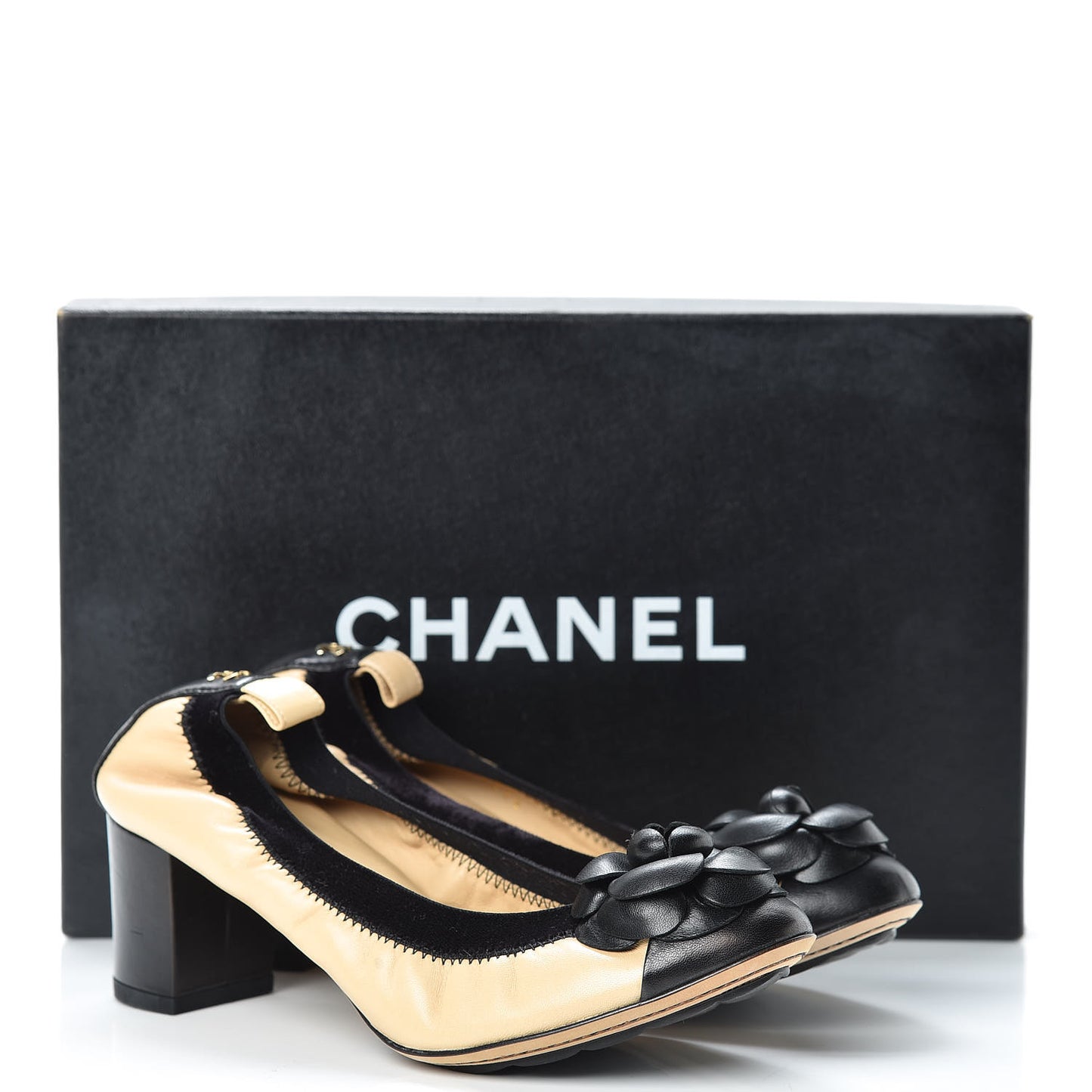 Lambskin Camellia CC Elastic Stretch Pumps 36 Beige Black