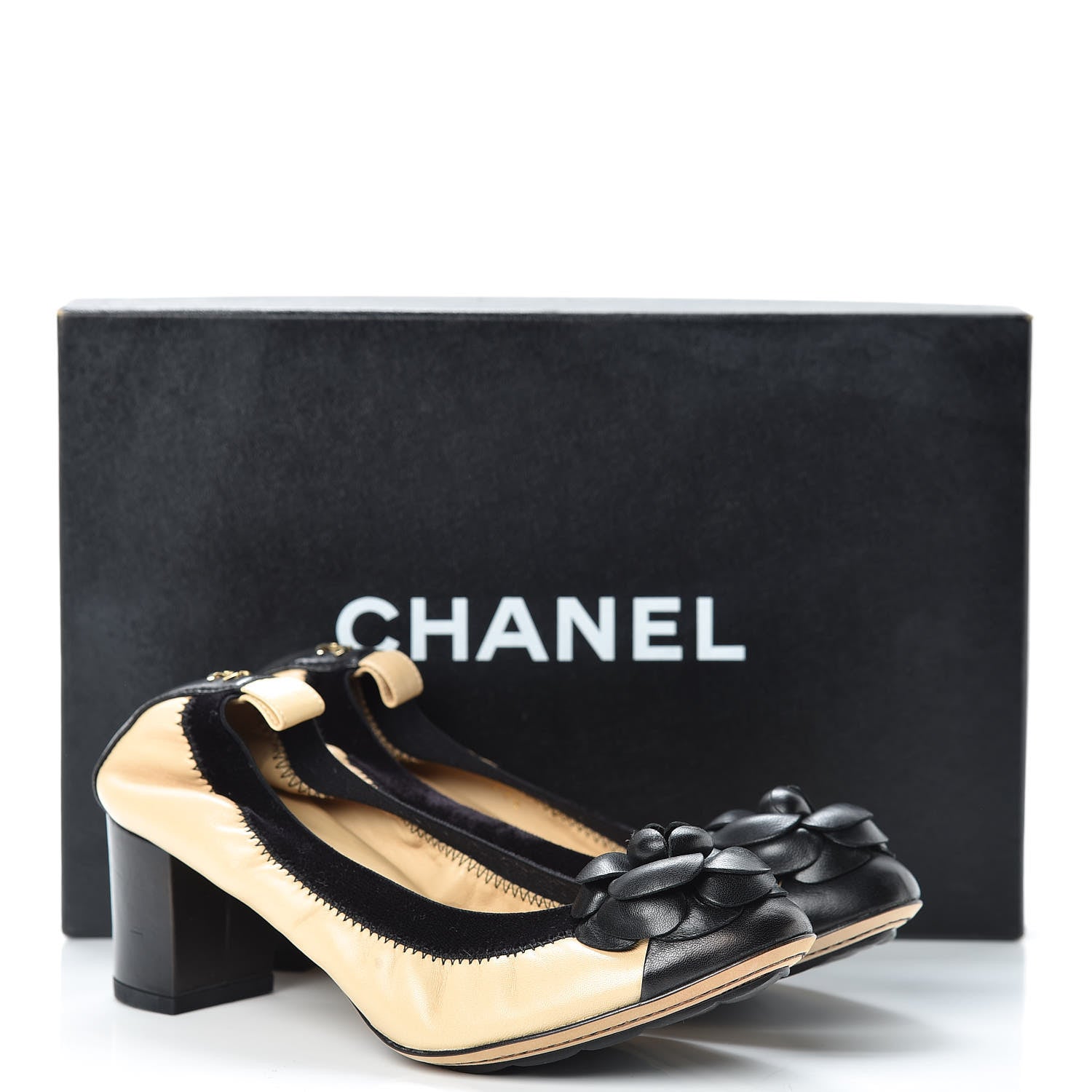 Chanel Lambskin Camellia CC Elastic Stretch Pumps 36 Beige Black 10 of 10