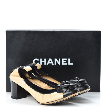 Chanel Lambskin Camellia CC Elastic Stretch Pumps 36 Beige Black 10 of 10