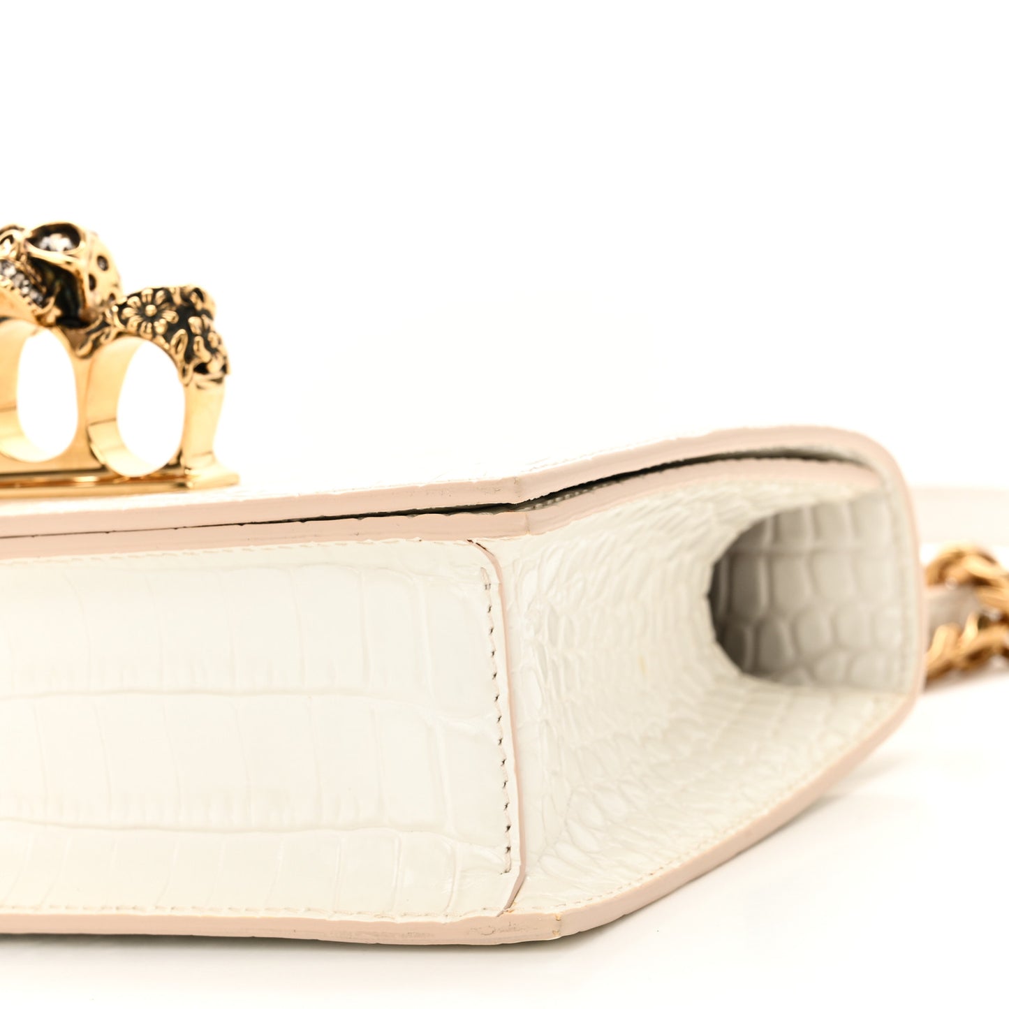 Shiny Calfskin Crocodile Embossed Knuckle Jeweled Crossbody White