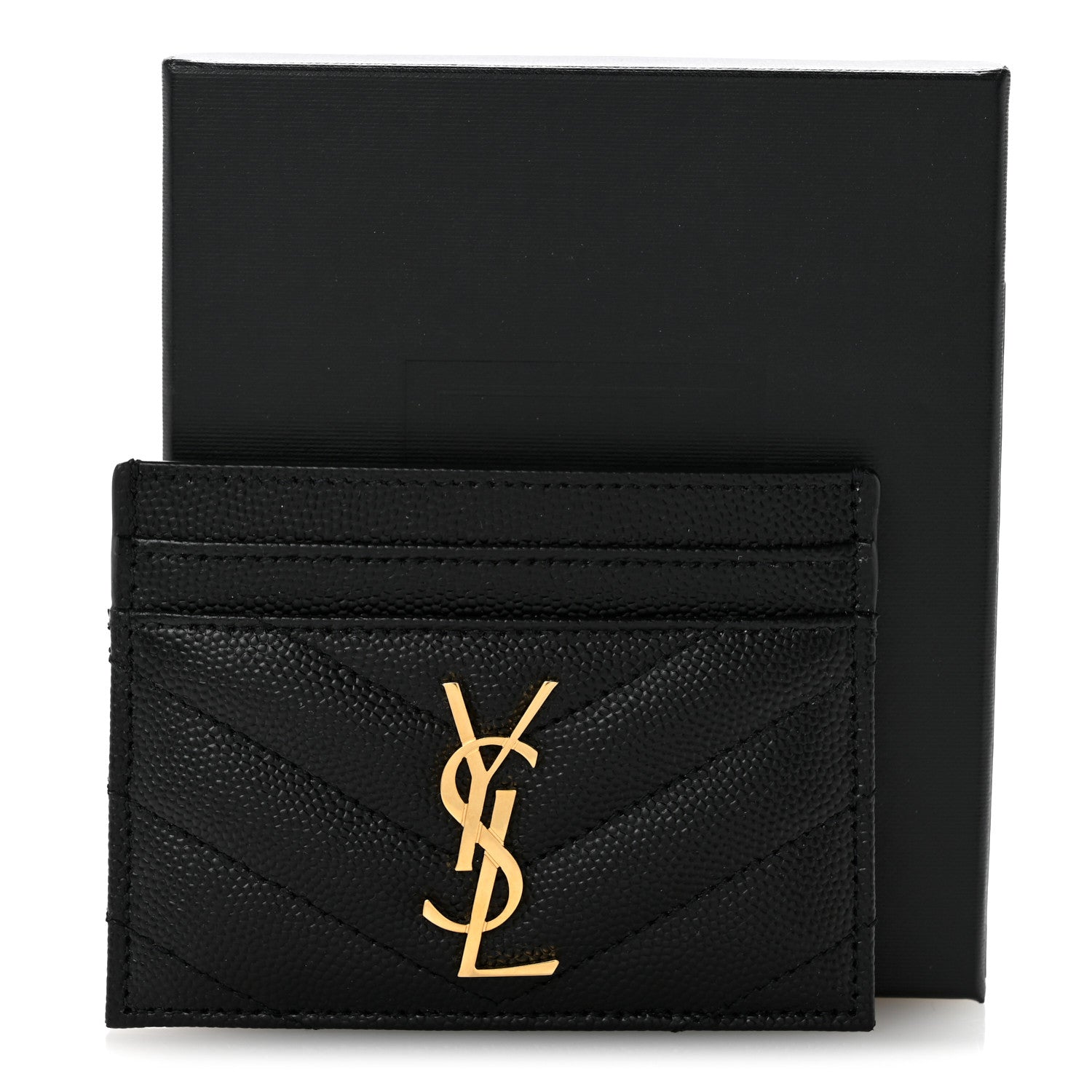 Saint Laurent Grain De Poudre Matelasse Chevron Monogram Credit Card Case Black 10 of 10