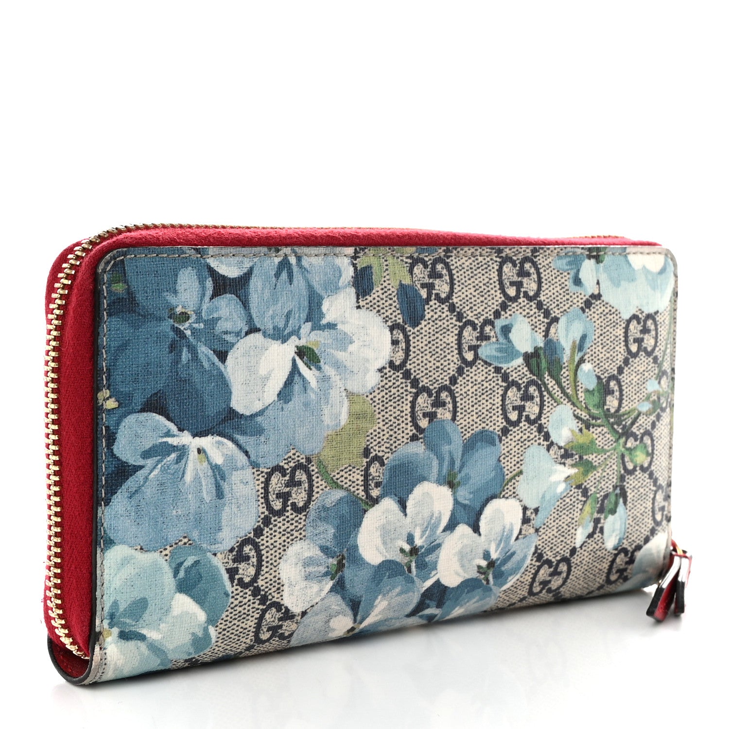 Gucci GG Supreme Monogram Blooms Zip Around Wallet Blue Red 3 of 14