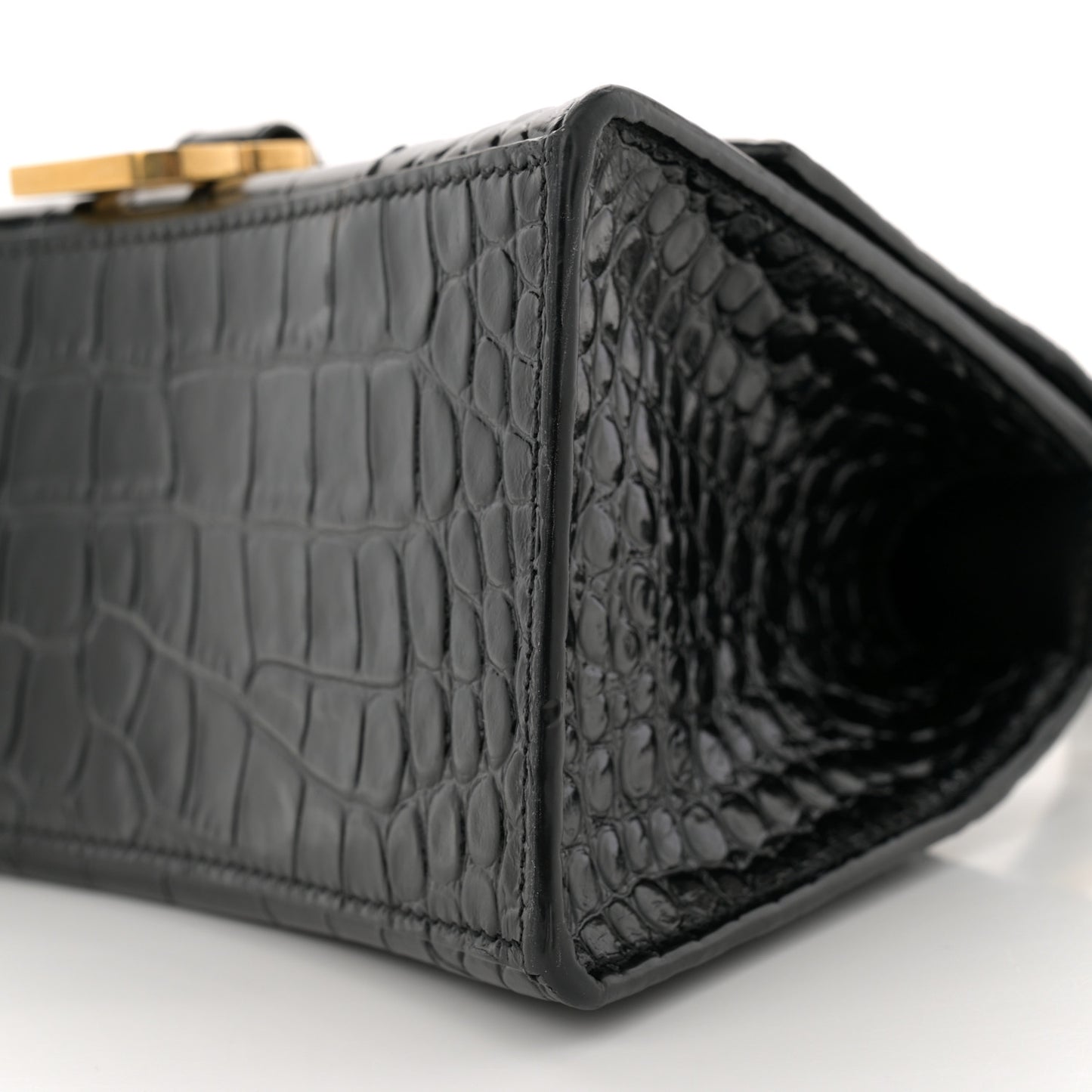 Shiny Calfskin Crocodile Embossed Small Hourglass Top Handle Bag Black