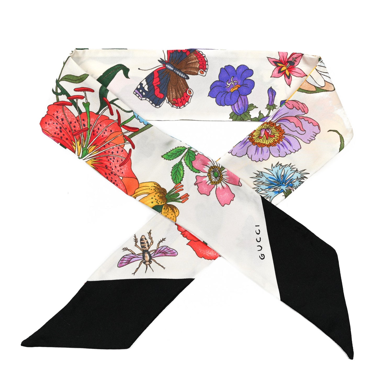 Silk Twill Floriso Neck Bow Scarf White Black