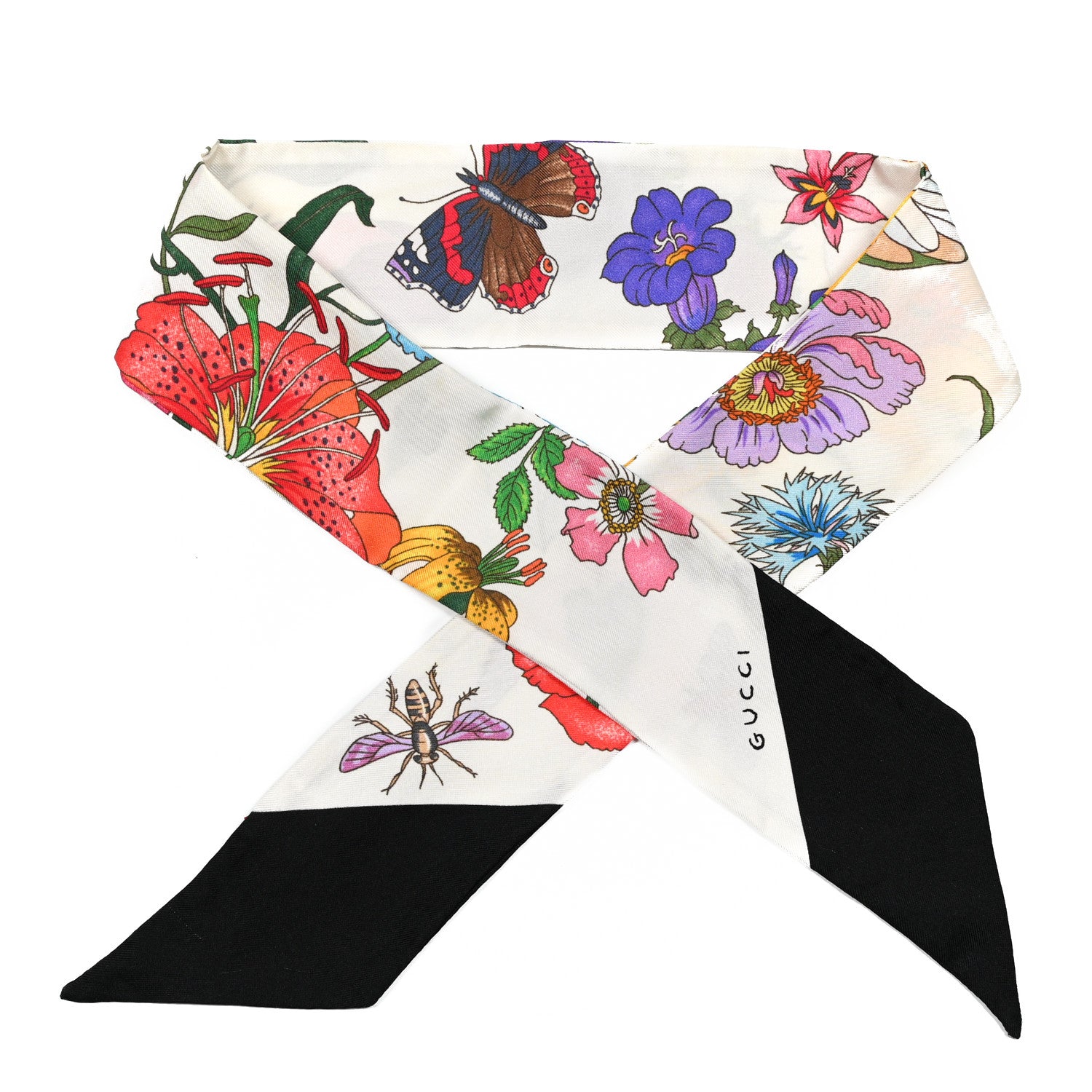Gucci Silk Twill Floriso Neck Bow Scarf White Black 1 of 3