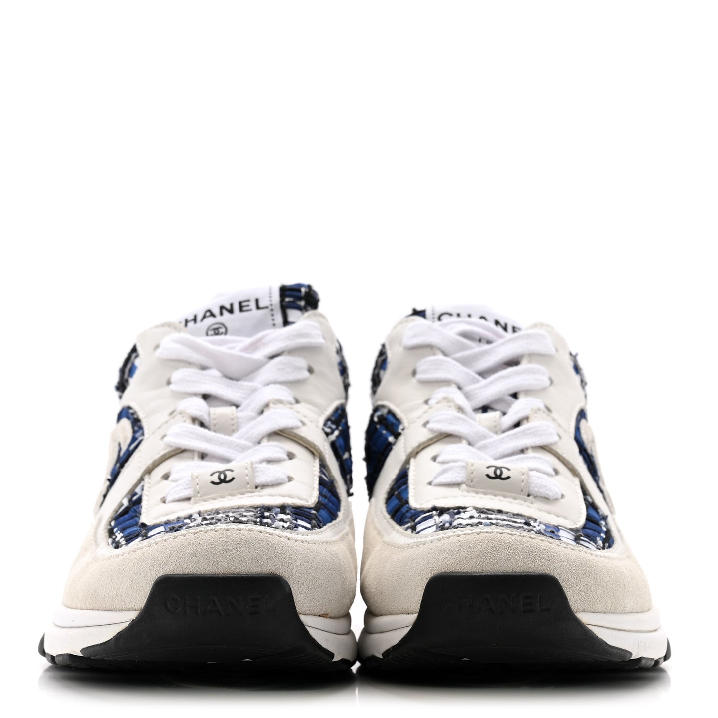 Tweed Suede Calfskin Womens CC Sneakers 38 Dark Blue Black Grey White