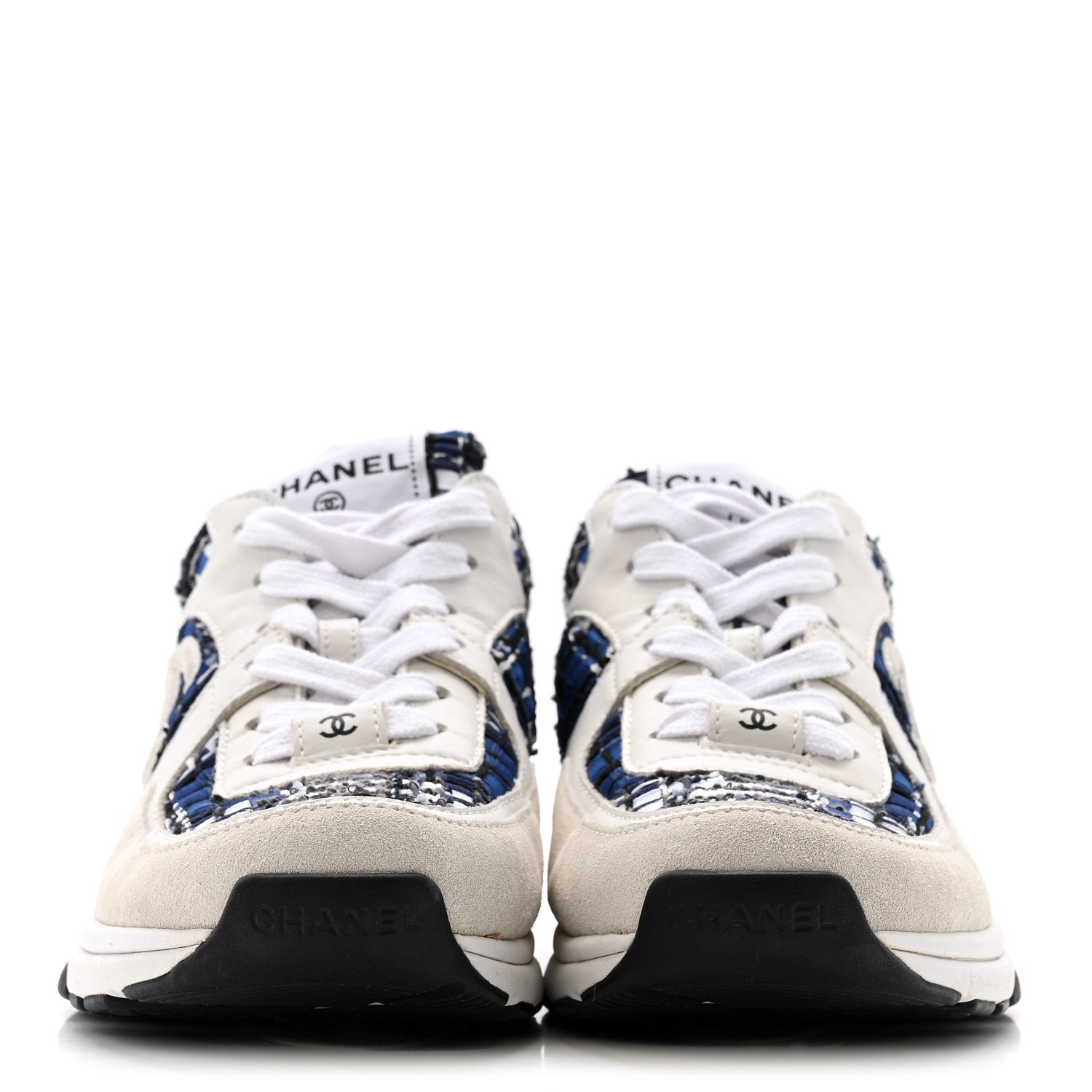 Chanel Tweed Suede Calfskin Womens CC Sneakers 38 Dark Blue Black Grey White 3 of 12