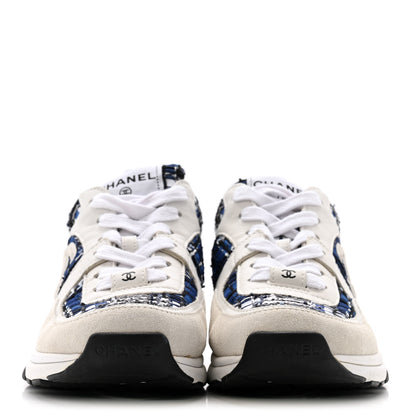Chanel Tweed Suede Calfskin Womens CC Sneakers 38 Dark Blue Black Grey White 3 of 12