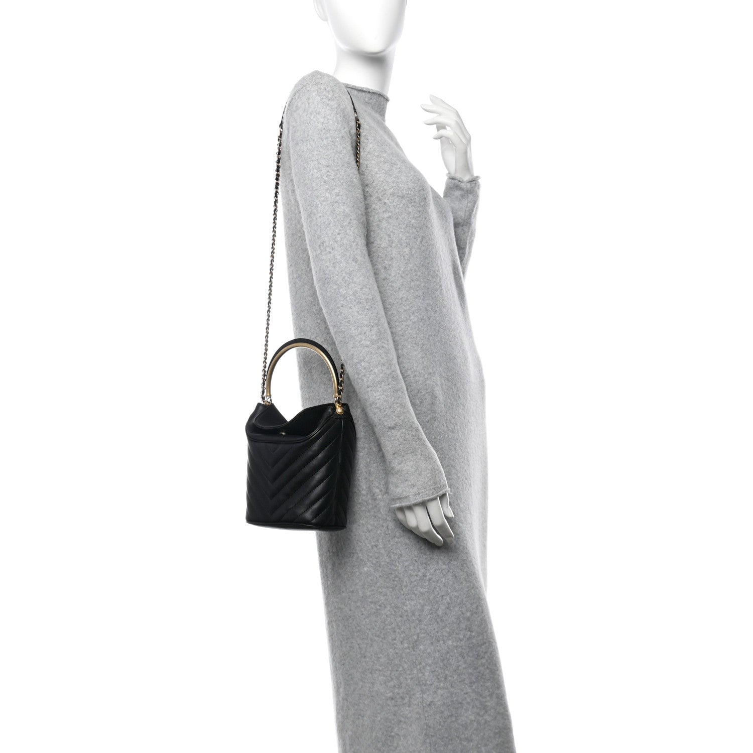 Chanel Lambskin Chevron Quilted Handle With Chic Bucket Bag Black 2 of 11