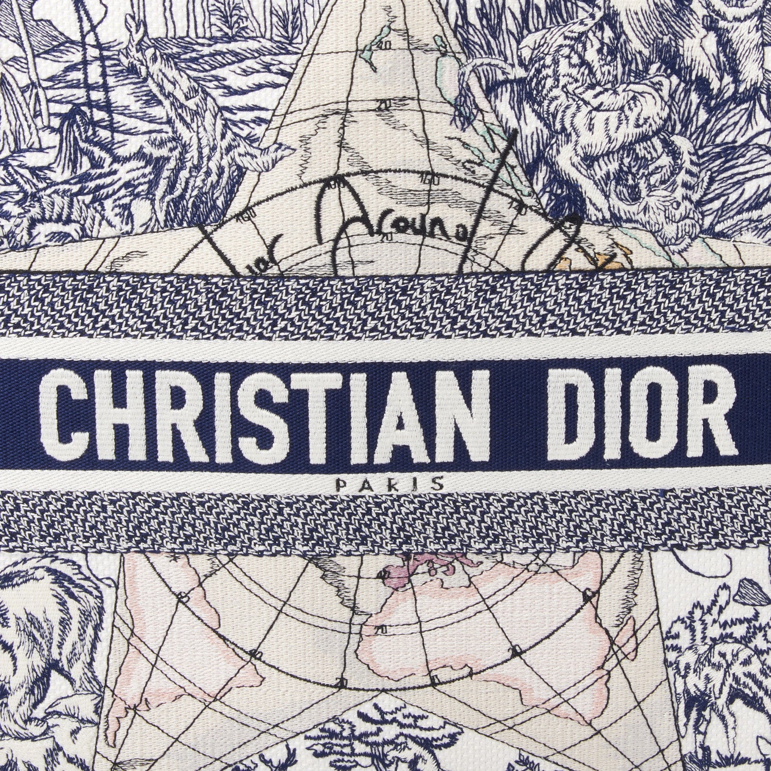 Christian Dior Canvas Embroidered Large Around The World Book Tote Blue 8 of 10