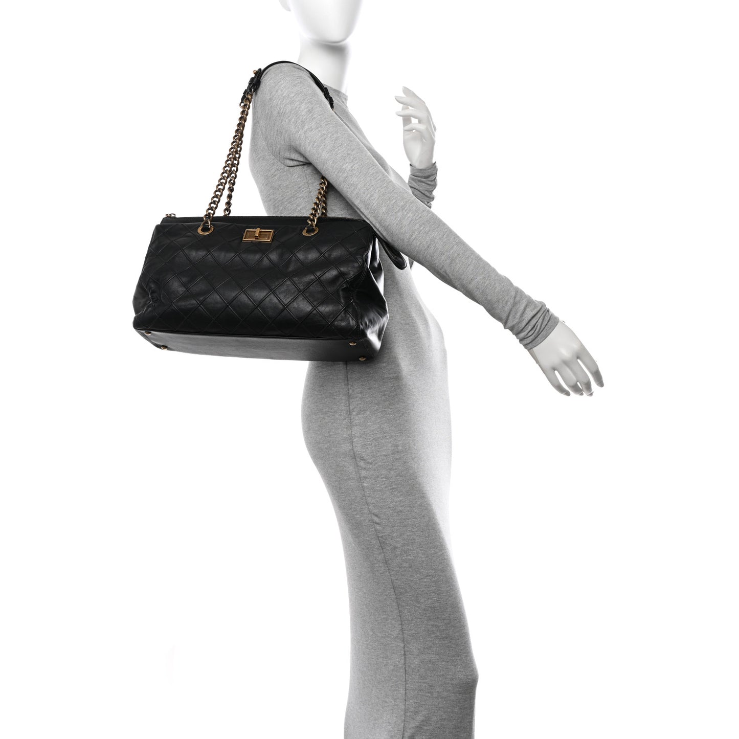 Calfskin Diamond Debossed Large Cosmos Zip Tote Black
