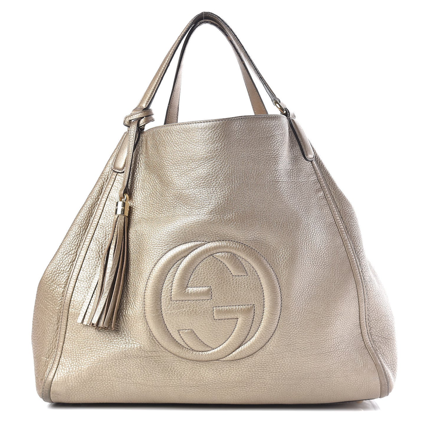 Metallic Pebbled Calfskin Large Soho Shoulder Bag Golden Beige