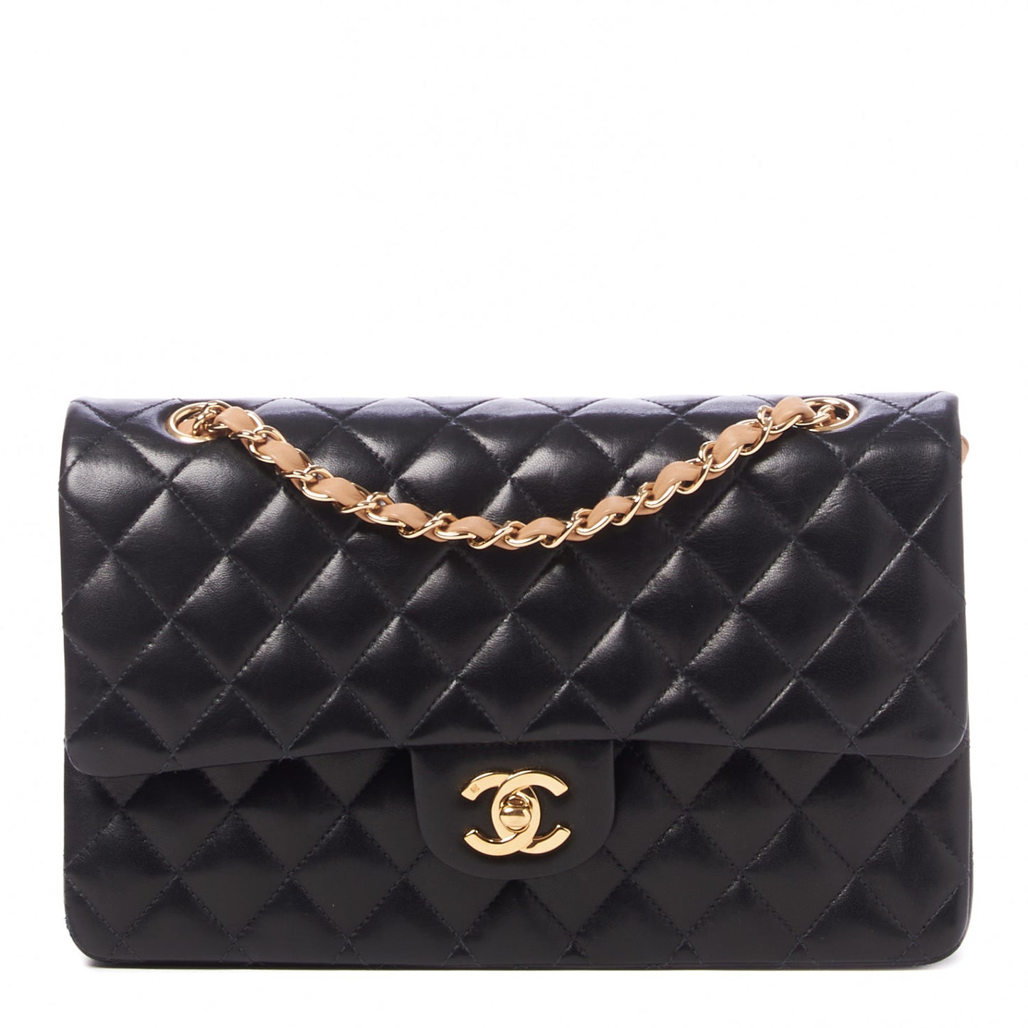 Lambskin Quilted Medium Double Flap Black Beige Flap