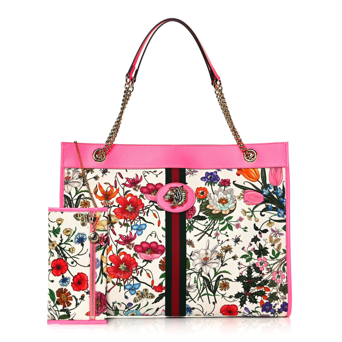 Canvas Flora Large Rajah Chain Tote White Multicolor Fuxia Fluo