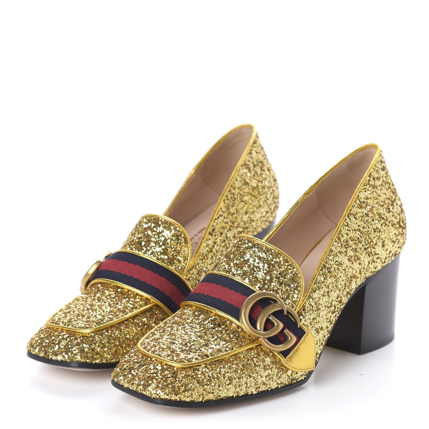 Gucci Glitter Nappa Web Peyton 75mm Loafer Pumps 35.5 Oro Vecchio 3 of 10