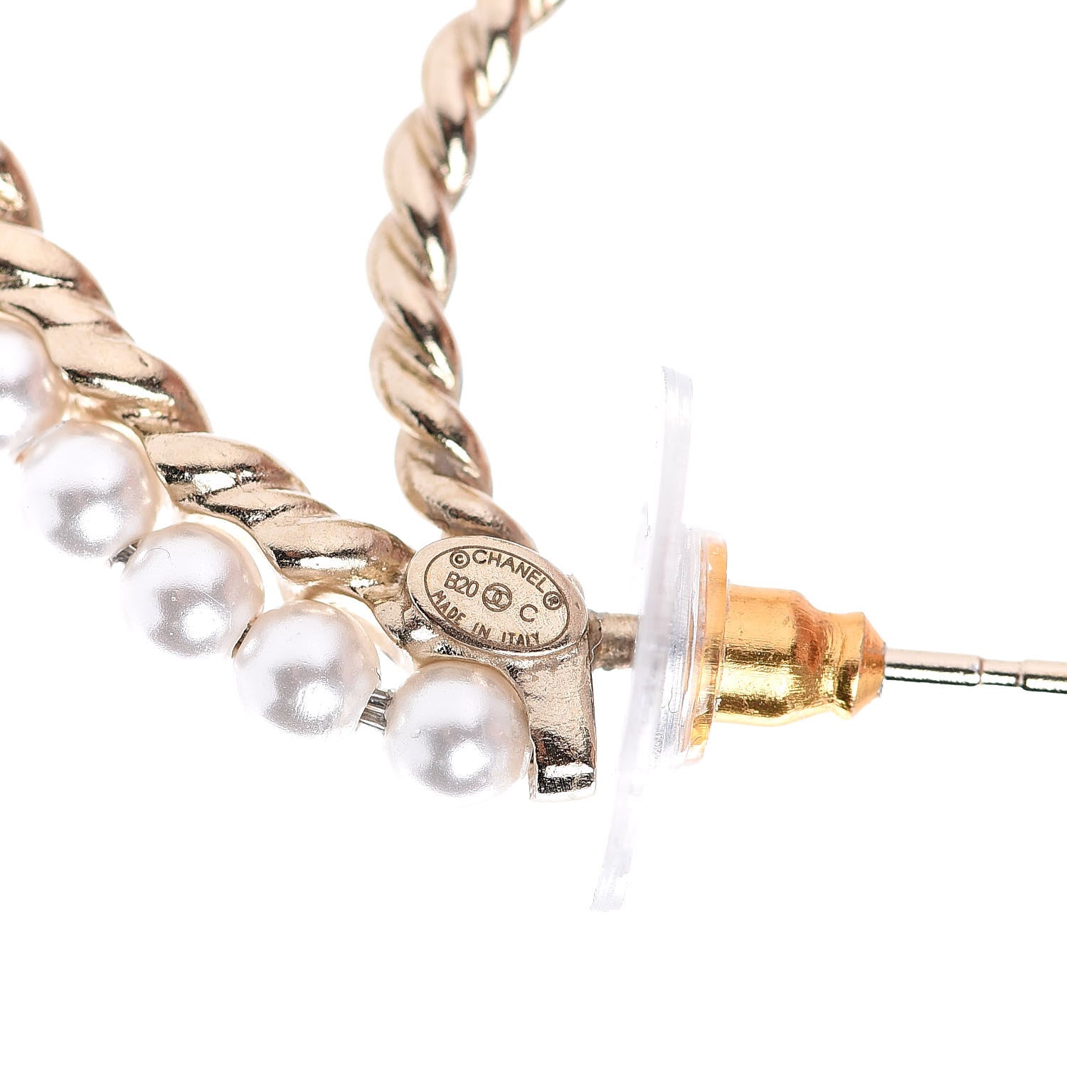 Chanel Crystal Pearl CC Drop Hoop Earrings Gold Pearly White 3 of 5