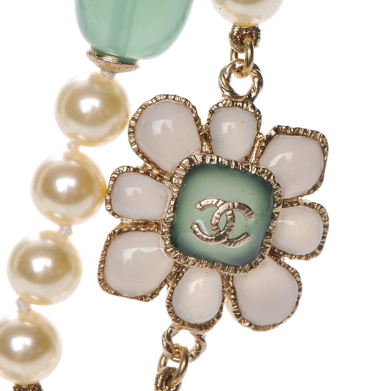 Chanel Pearl Gripoix Poured Glass Long Necklace Gold Green White 4 of 6