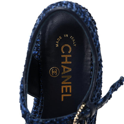 Chanel Silk Linen Tweed Quilted CC Platform Sandals 36.5 Navy Blue Gray 7 of 9