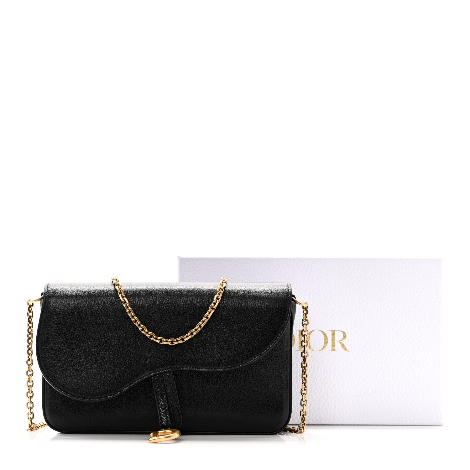 Christian Dior Goatskin Medium Saddle Pouch With Chain Black