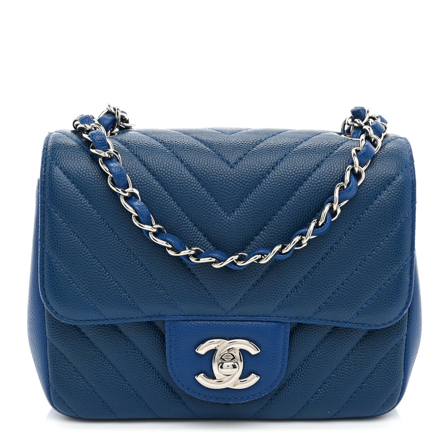 Caviar Chevron Quilted Mini Square Flap Blue