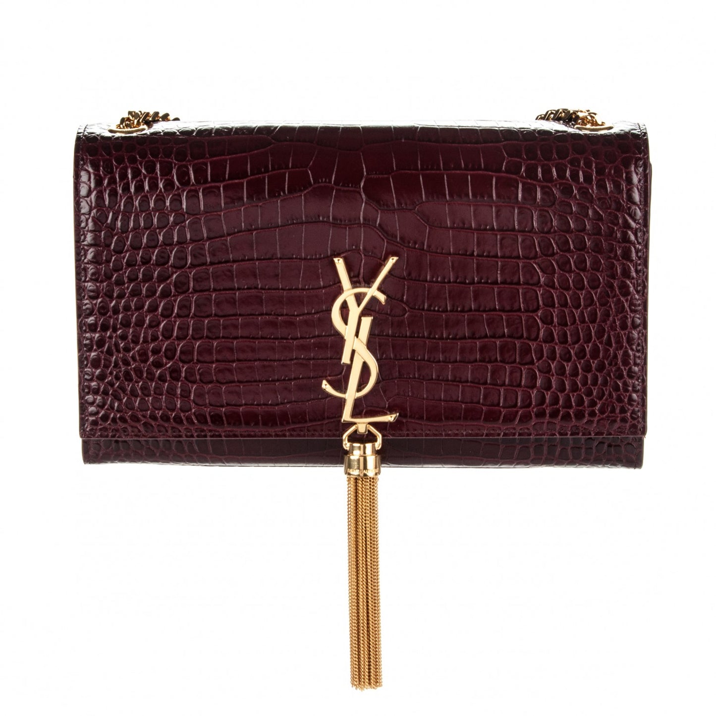 Calfskin Crocodile Embossed Medium Classic Monogram Kate Tassel Satchel Dark Red