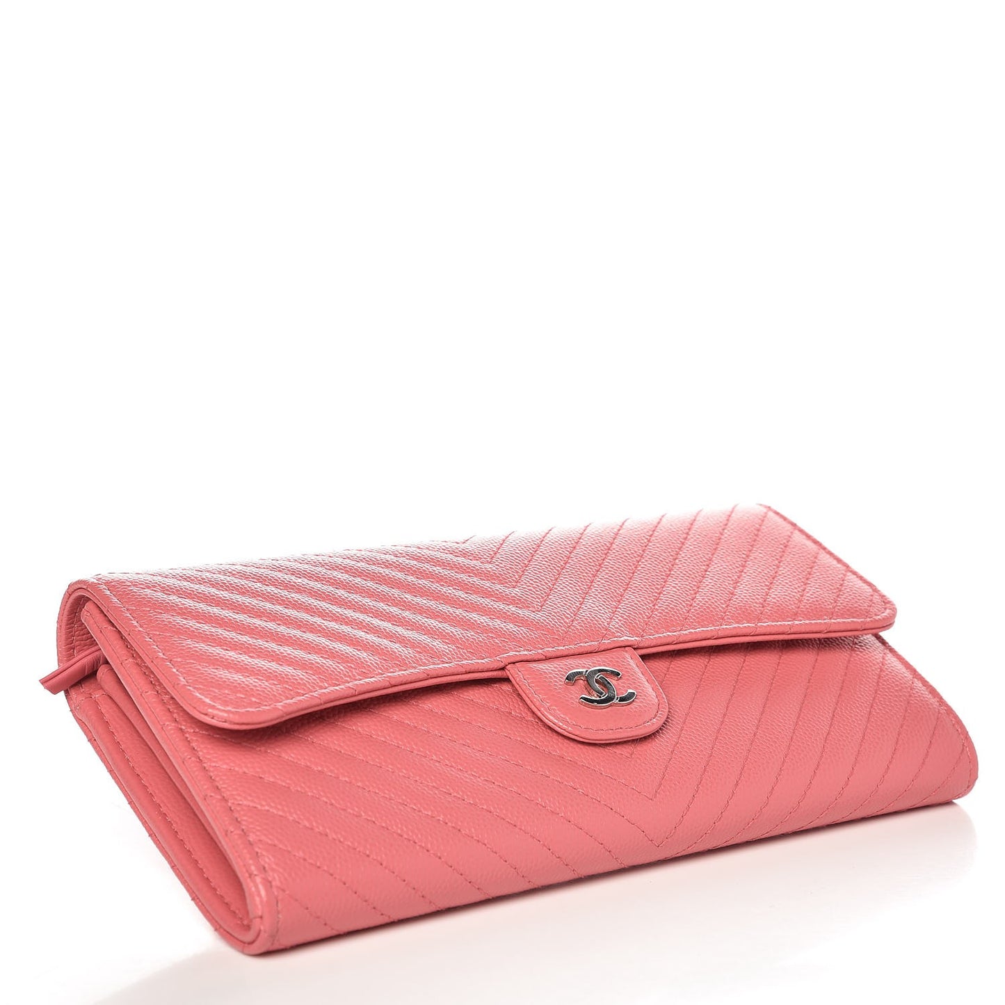 Caviar Chevron Quilted Large Gusset Flap Wallet Pink