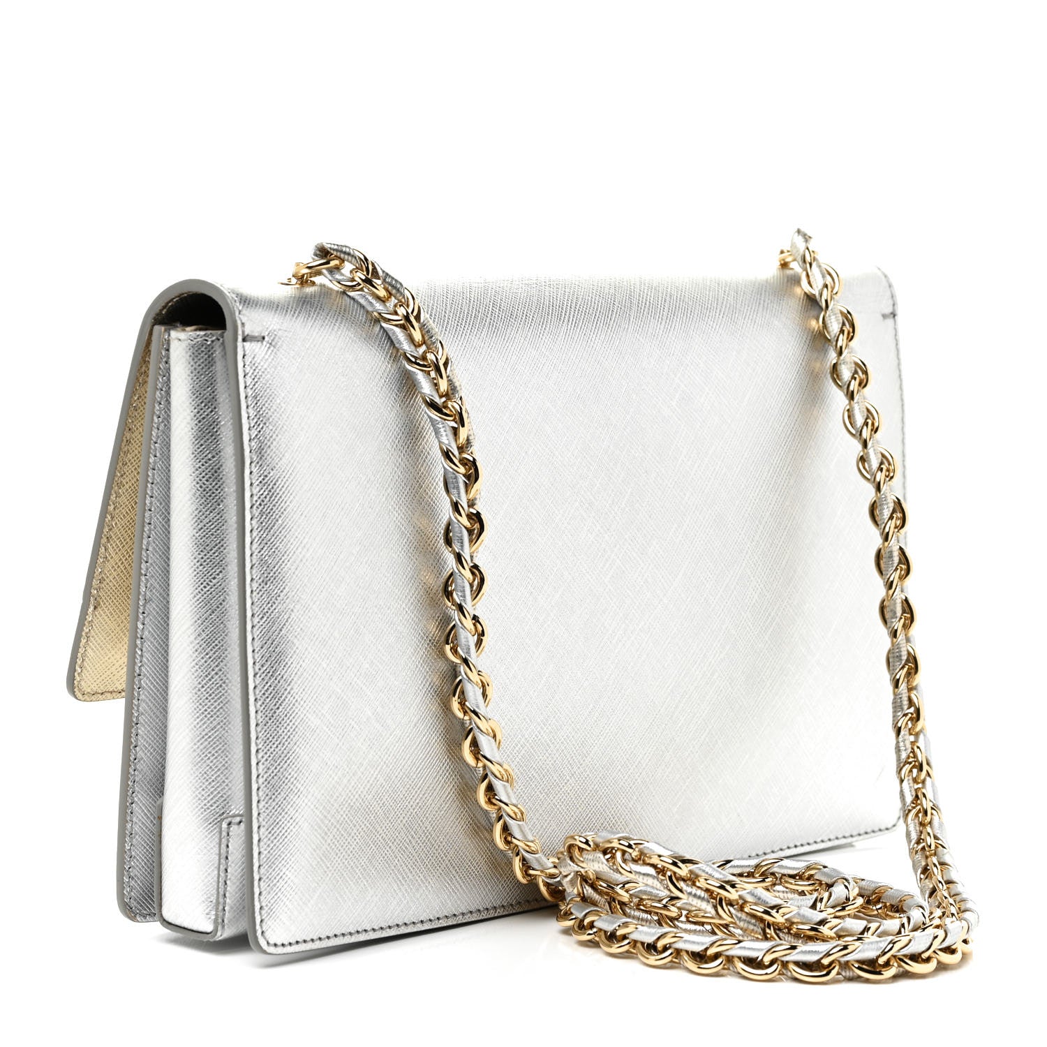 Salvatore Ferragamo Metallic Hammered Calfskin Vara Bow Chain Flap Crossbody Silver Gold 5 of 23