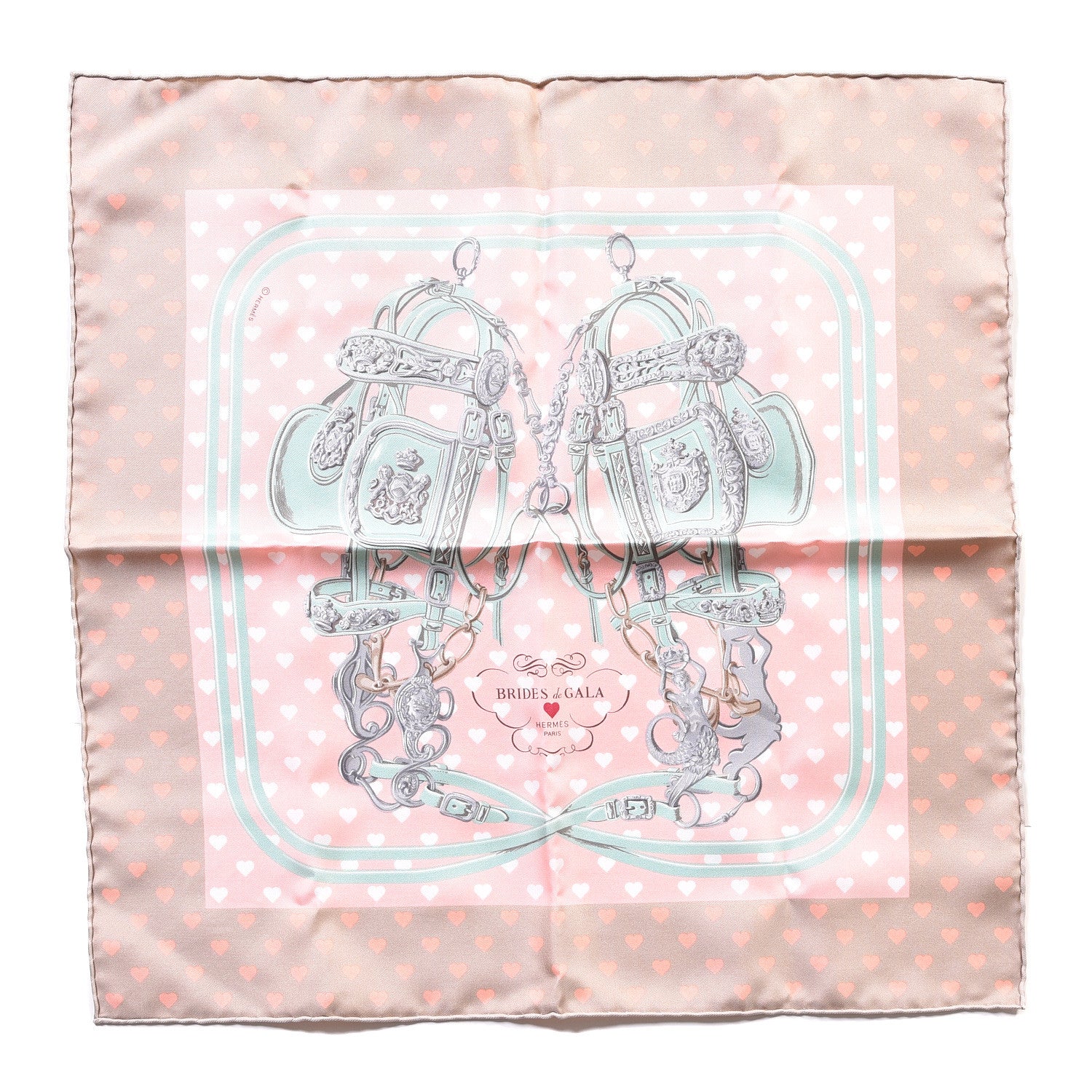 Hermes Silk Brides De Gala Love Pocket Square Beige Rose Dragee Vert Amande 1 of 5