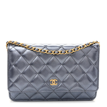 Chanel Metallic Calfskin Quilted Wallet On Chain WOC Navy Blue 1 of 12