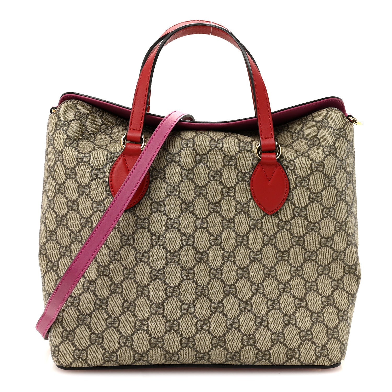 Gucci GG Supreme Monogram Linea A Foldover Tote Beige Hibiscus Red New Rosette 1 of 10