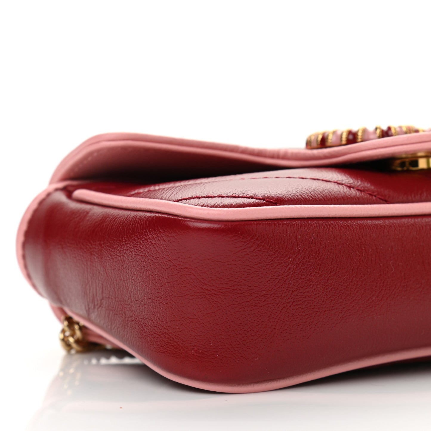 Azalea Calfskin Enamel Matelasse Diagonal Super Mini Torchon GG Marmont Shoulder Bag New Cherry Red Wild Rose