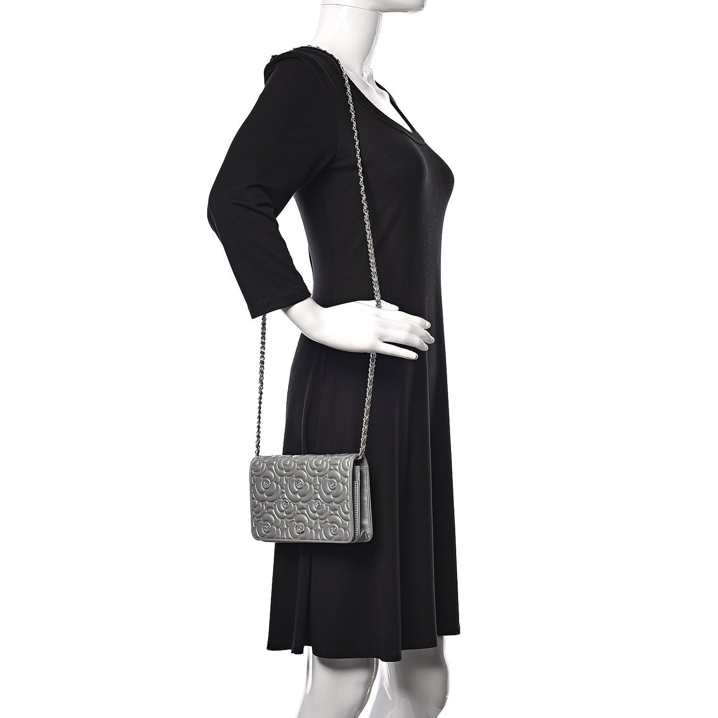 Metallic Lambskin Camellia Crystal Wallet on Chain WOC Silver